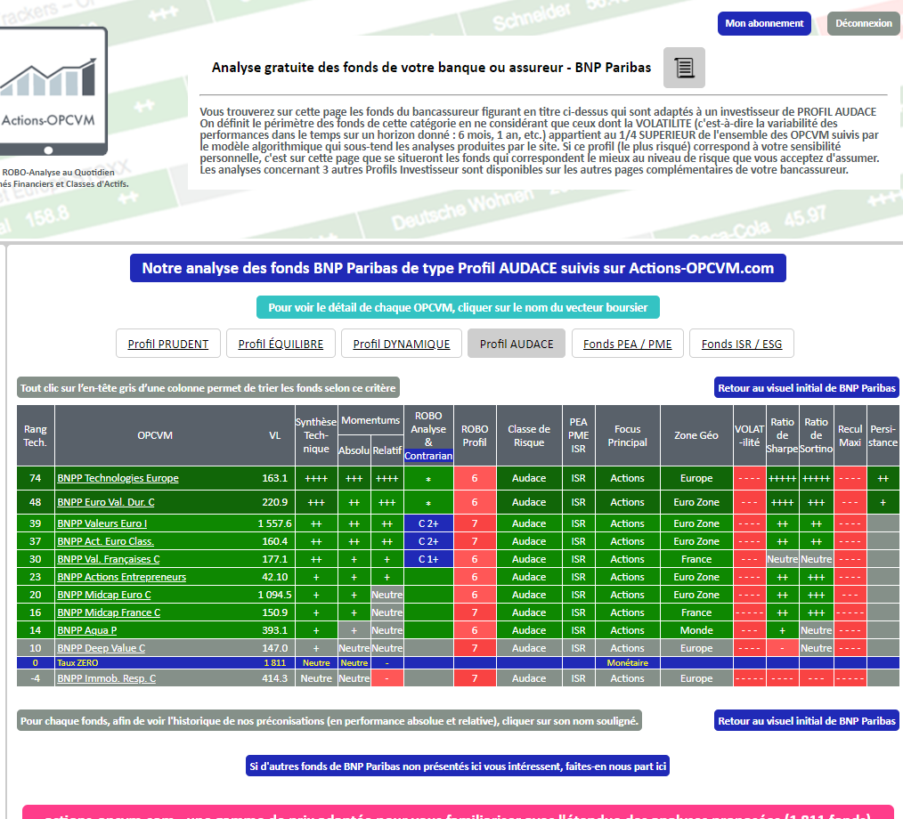 OPCVM SICAV FONDS BNP PARIBAS  Profil Investisseur  AUDACE